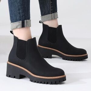 DECARSDZ Chunky Platform Chelsea Slip On Suede Leather Classic Style Ankle Boots